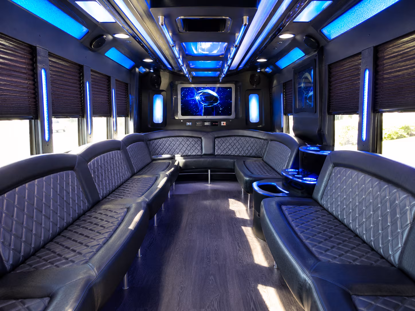 apex 28 passenger party bus inside